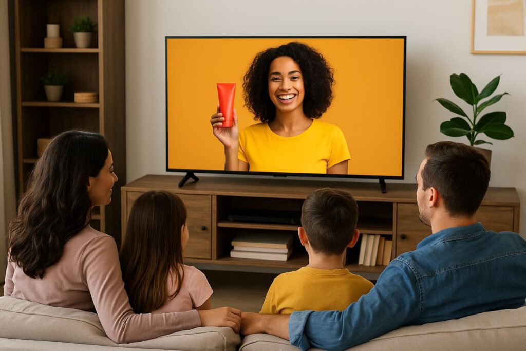 Família de quatro pessoas sentadas no sofá assistindo a uma propaganda com mulher sorridente segurando um produto na TV.